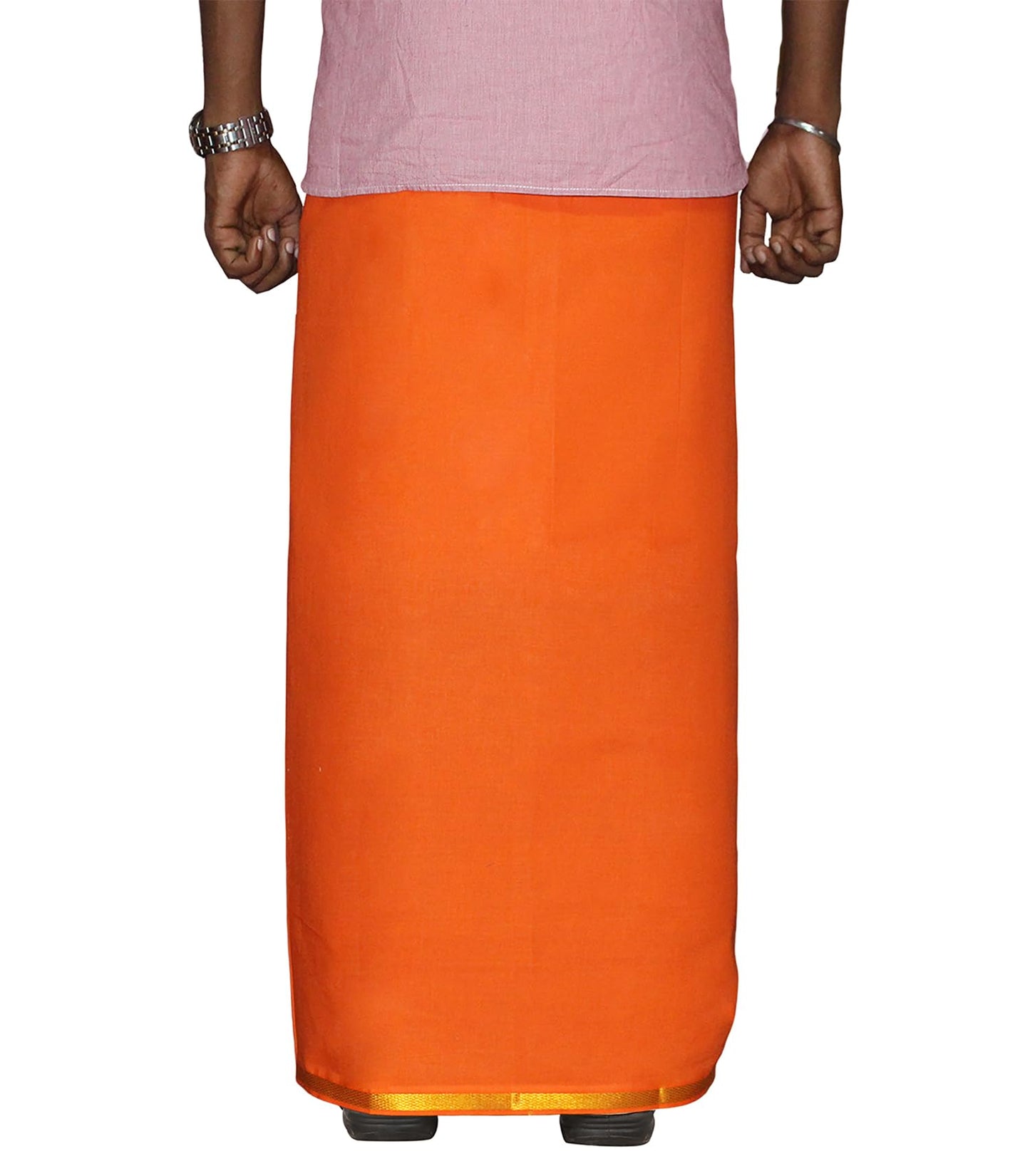 Prakasam Cotton MenS Single Orange Colour Welcro Stitched Pocket Jari Dhoti With Matching Gold Jari Towel