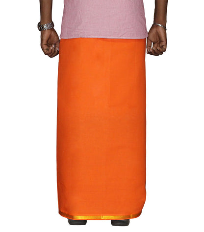 Prakasam Cotton MenS Single Orange Colour Welcro Stitched Pocket Jari Dhoti With Matching Gold Jari Towel