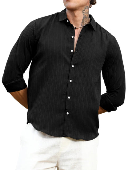 Finivo Fashion MenS Striped Cotton Casual Button Down Shirts Long Sleeve Textured Summer Beach Shirt For Men Black