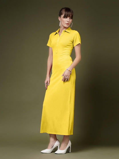 Oomph! WomenS Western & Fusion Wear Stretchable Ribbed Lycra Shirt Dress For Women, Bodycon, Yellow - Md1011