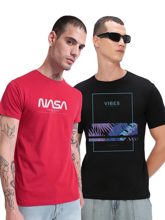 Bewakoof Mens Graphic Printed 100% Cotton T-Shirt (Pack of 2) - Regular Fit, Round Neck, Half Sleeves_595599_Red&Black_S