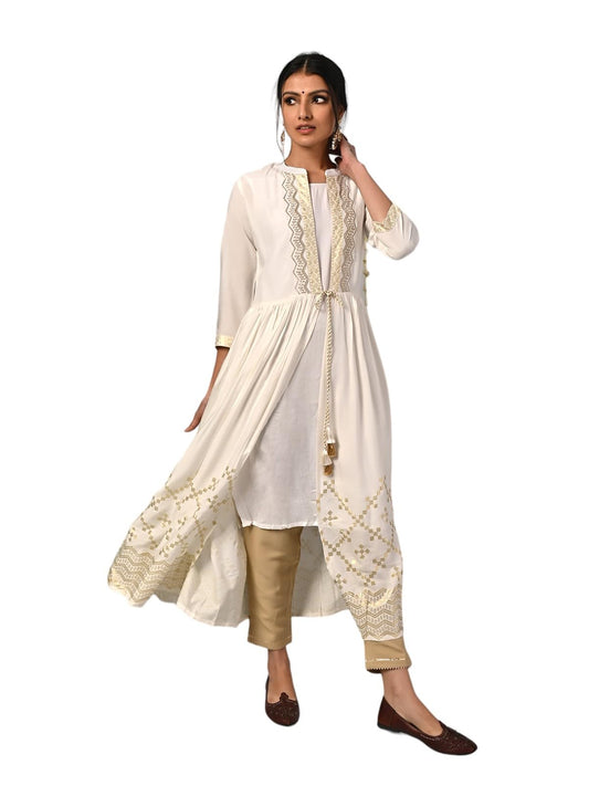 rangita Off White Rayon Calf Length Printed Double Layered Kurti for Women | Kurta for Women