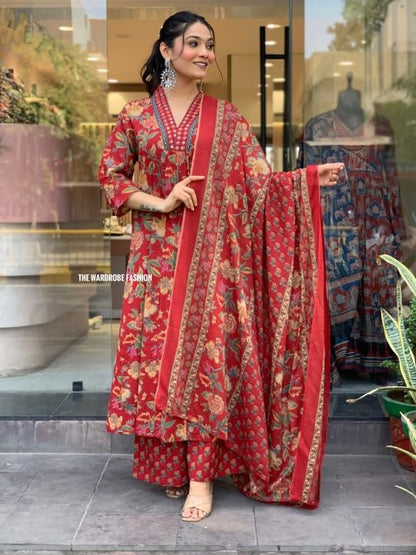 Lookmark WomenS Cotton Blend Floral Printed Kurta Plazzo Set With Dupatta Suitable For Every Indian Occasion (Az-Lm-Og-Ks2171 R