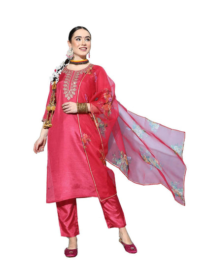 ishin Women's Pink Yoke Design A-Line Kurta with Toruser & Dupatta