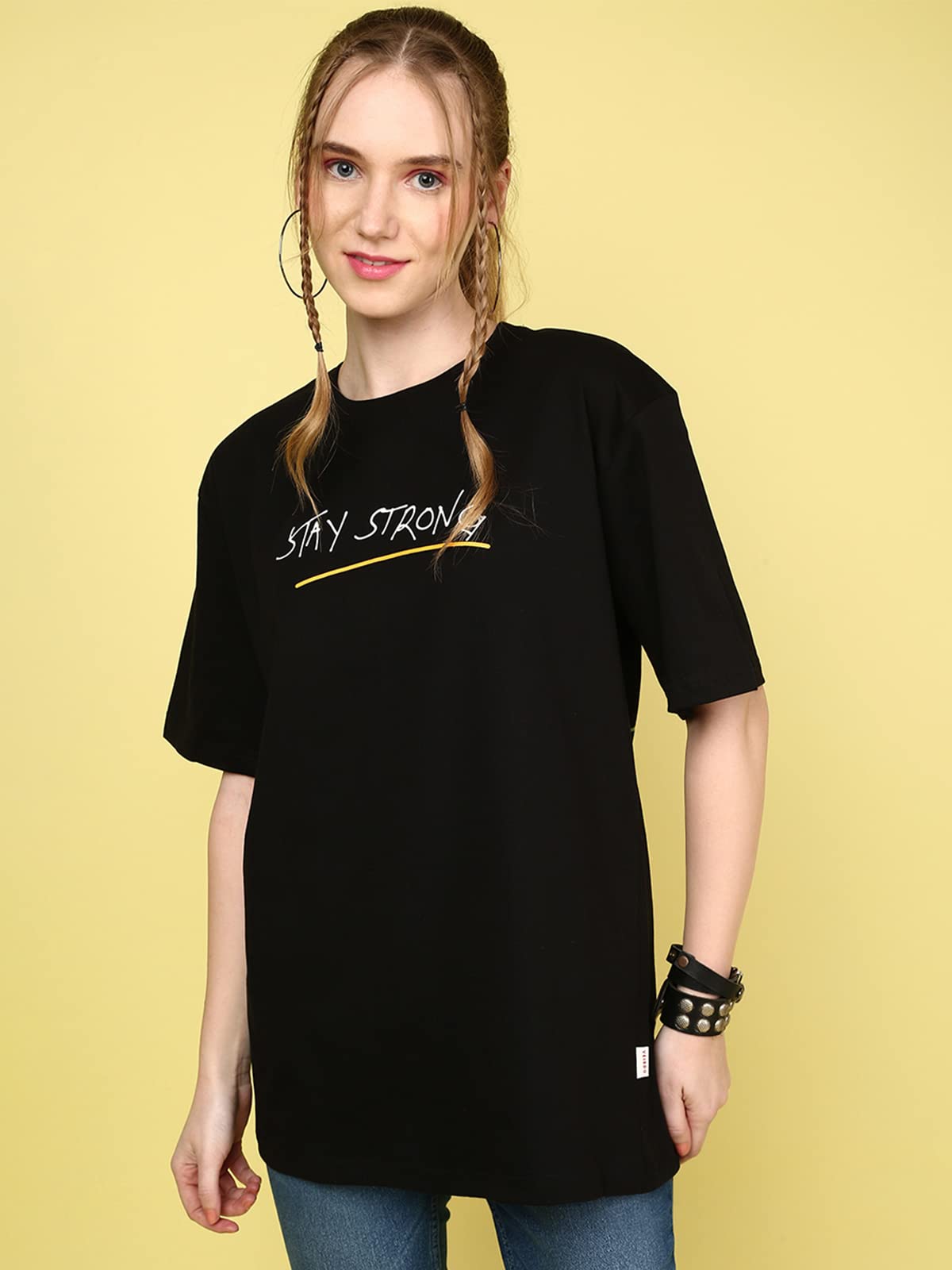 Juneberry Oversized Loose Baggy Fit Drop Shoulder Half Sleeves Pure Cotton Stay Strong Graphic Printed Black & Mint Green Round