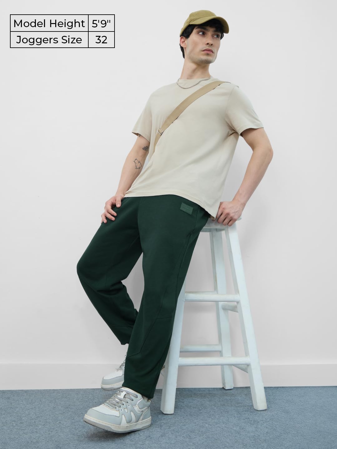 The Souled Store Solids: Dark Green Mens and Boys Drawstringed Baggy Fit Cotton Blend Oversized Joggers