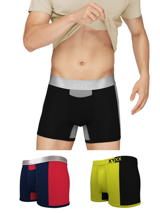 XYXX Mens Underwear Dualist IntelliSoft Antimicrobial Micro Modal Trunk Pack of 3 (Black & Steel Grey ; Black Iris & Tango Red