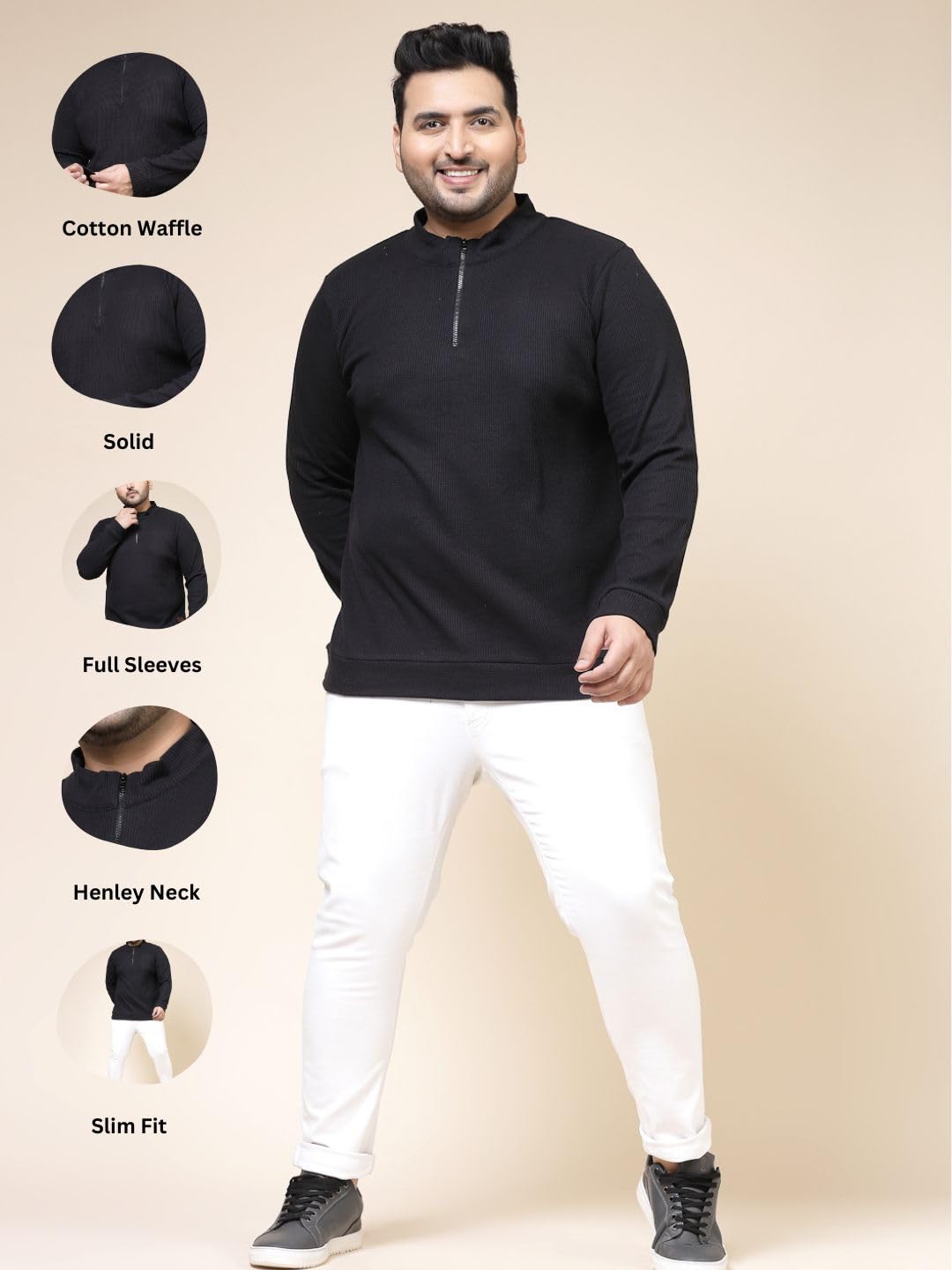 Rigo Waffle Knit Solid Plus Size T-Shirt for Men | Full Sleeves T-Shirt | Solid T-Shirts for Man | Stylish, Casual Wear Plus Siz