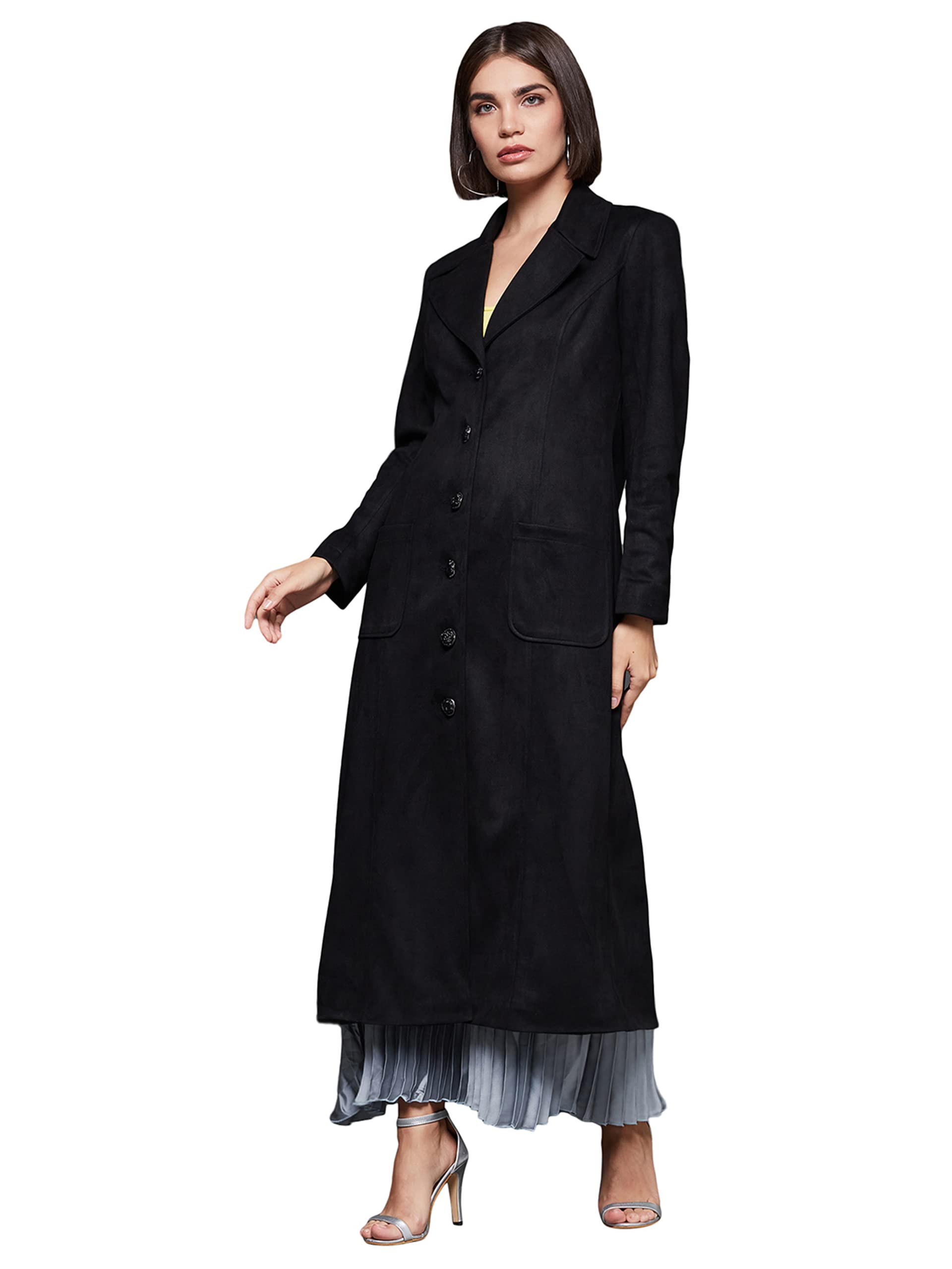 Miss Chase Womens V-Neck Full Sleeves Side Pocketed Double Breasted Longline Jacket (MCAW24JKT99-52-62-07, Black, 2XL)