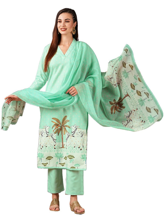 ANNI DESIGNER Ladies Cotton Blend Dupatta Kurta Trousers, See Green, XL