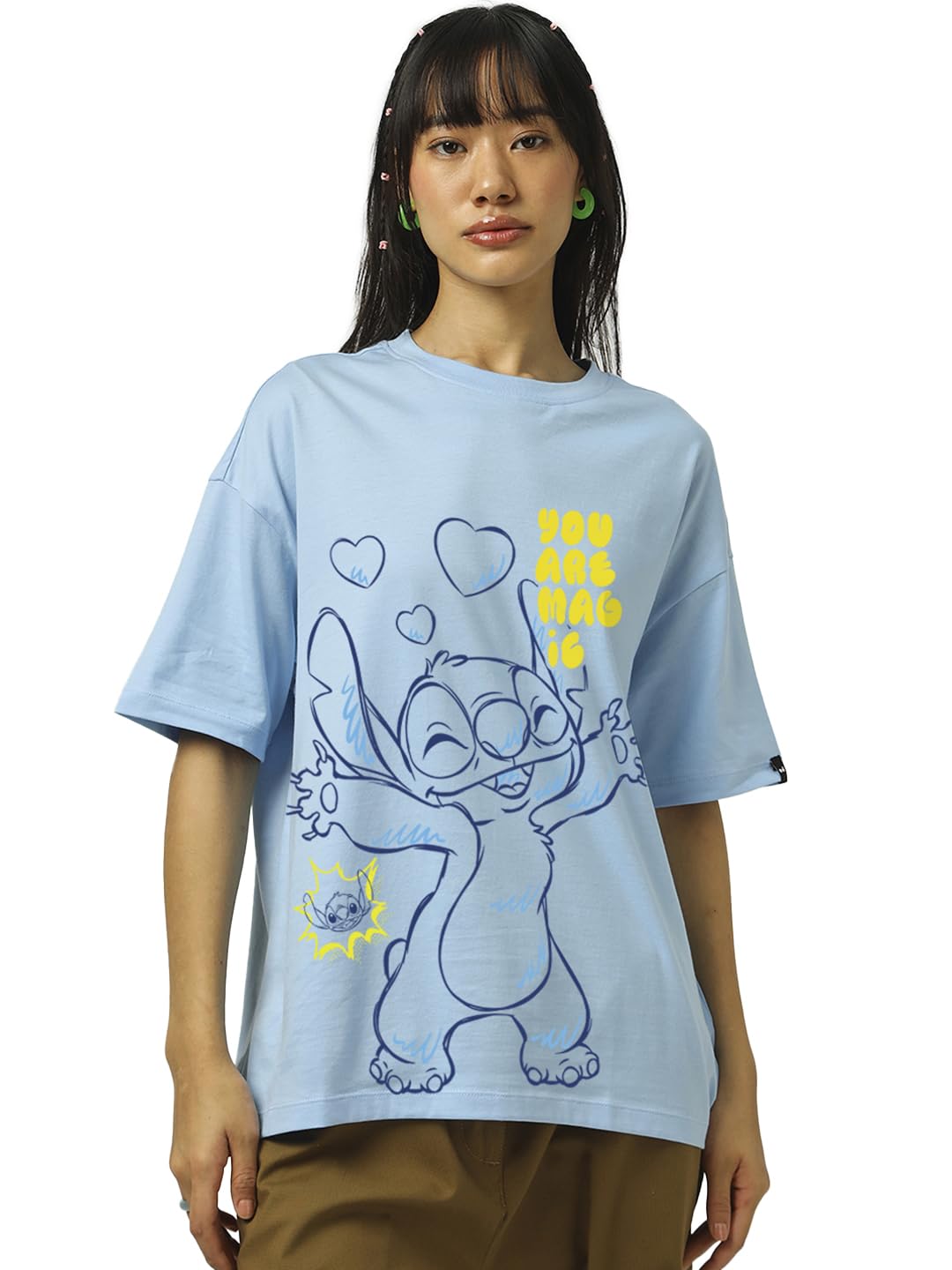Bewakoof Official Disney Merchandise Stitch Women Graphic Print Oversized Fit Half Sleeve Round Neck Cotton Jersey Tshirt_661958