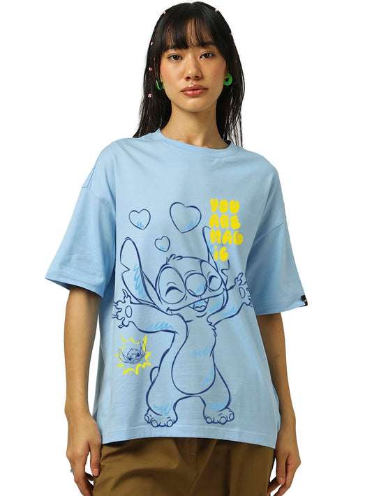 Bewakoof Official Disney Merchandise Stitch Women Graphic Print Oversized Fit Half Sleeve Round Neck Cotton Jersey Tshirt_661958