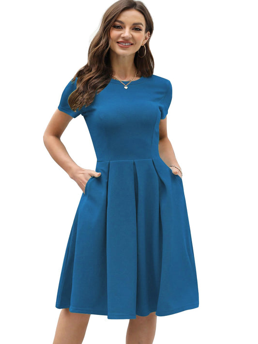 Shasmi GirlS & WomenS Solid Cadet Blue Color Solid Slant Pocket Fold Pleated, Women Cocktail Party Vintage Style With Pockets