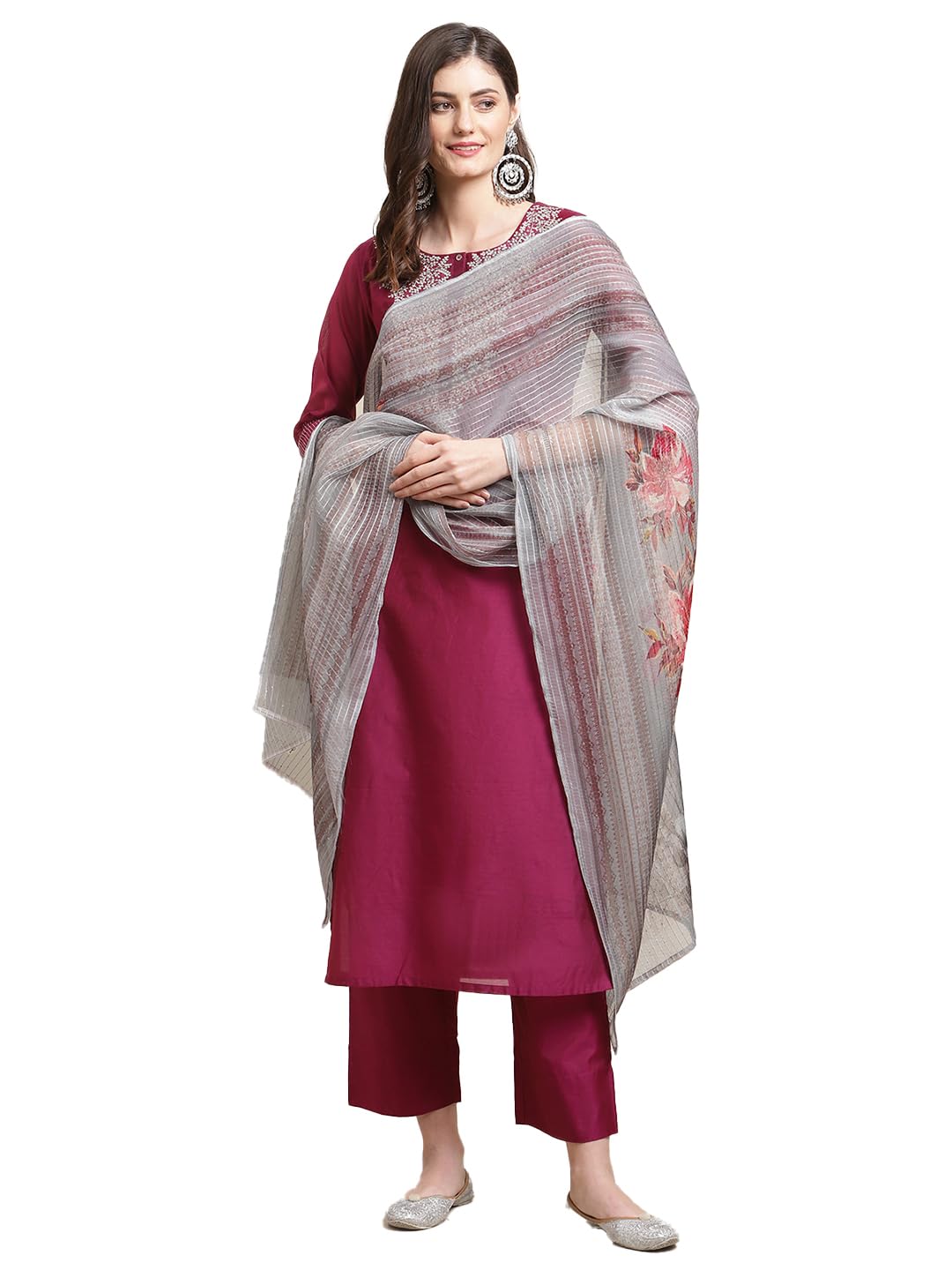 Varanga Women Magenta Zari Embroidery Kurta Trouser Set with Floral Printed Organza Dupatta  Elegant Ethnic Wear for Women, Perf
