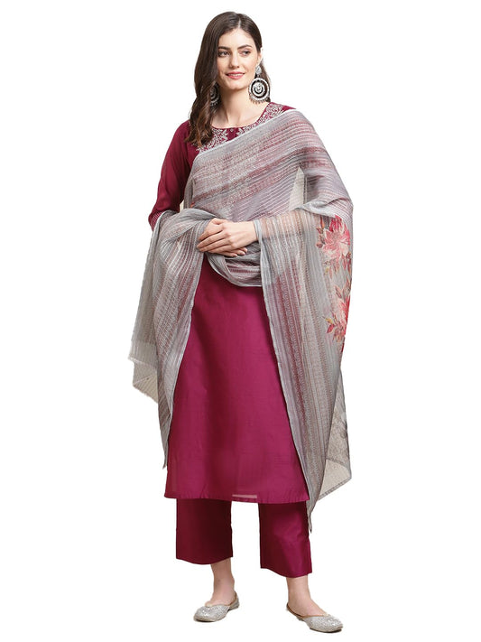 Varanga Women Magenta Zari Embroidery Kurta Trouser Set with Floral Printed Organza Dupatta  Elegant Ethnic Wear for Women, Perf