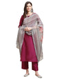 Varanga Women Magenta Zari Embroidery Kurta Trouser Set with Floral Printed Organza Dupatta  Elegant Ethnic Wear for Women, Perf