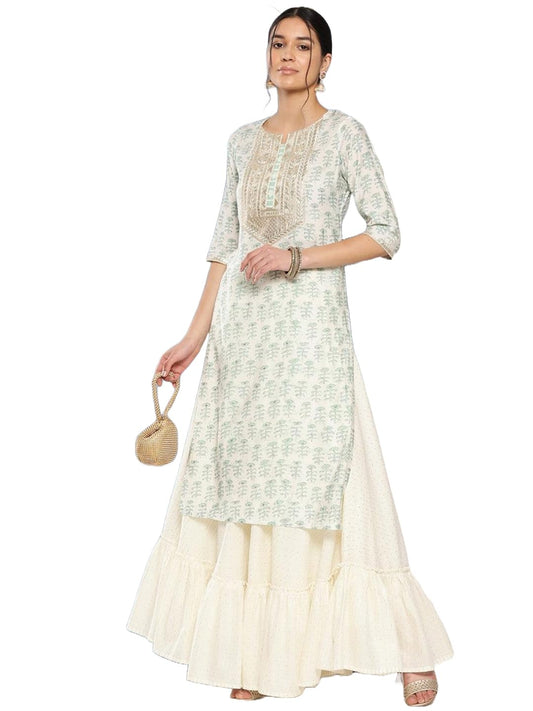 ANNI DESIGNER Womens Cotton Blend Printed Straight Kurta (Chameli_Green_Small)