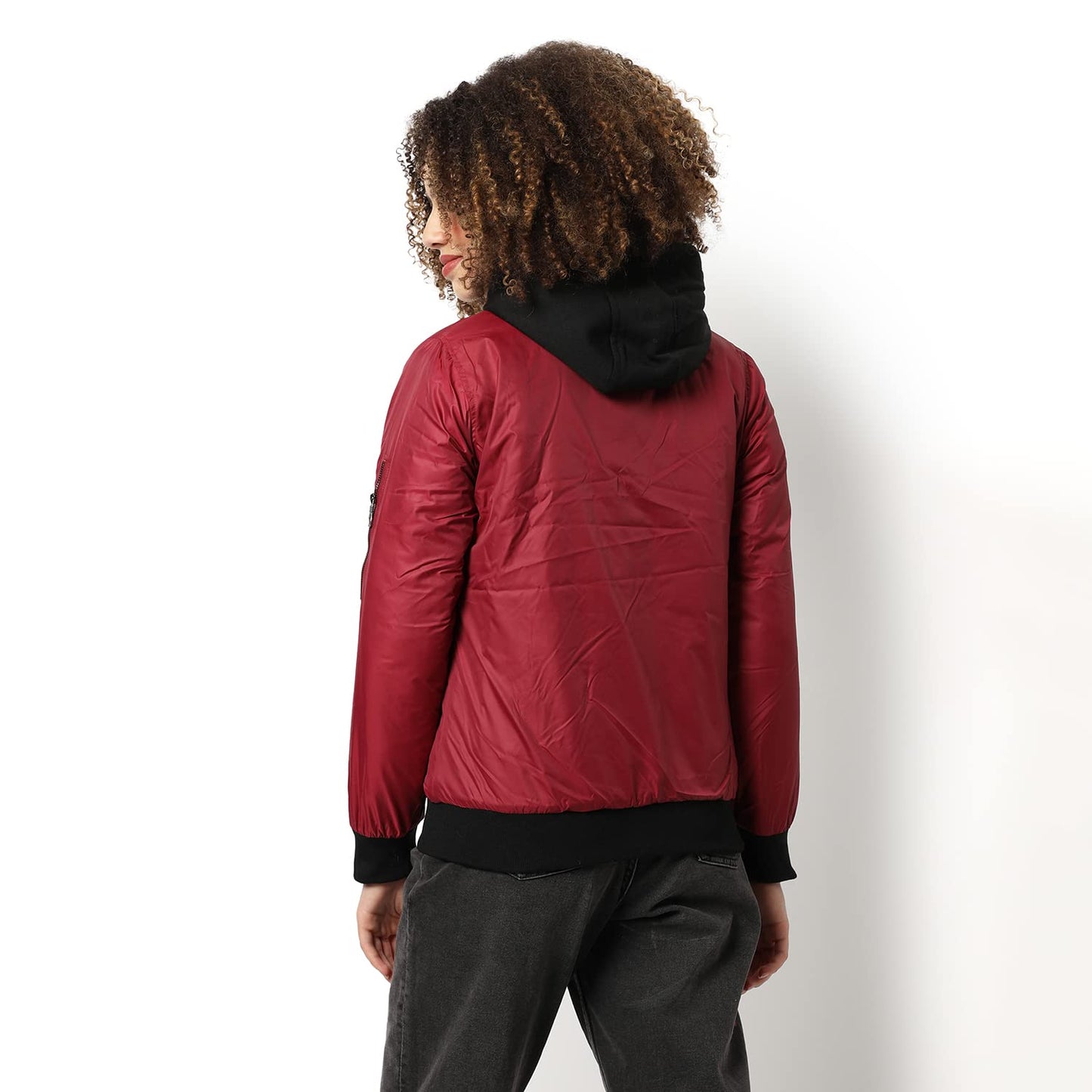 Campus Sutra Women Red Hooded Puffer Regular Fit Bomber Jacket For Winter Wear | Low-Cut Standing Collar | Full Sleeve | Zipper
