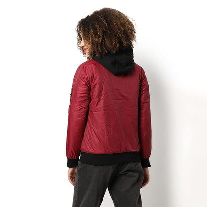 Campus Sutra Women Red Hooded Puffer Regular Fit Bomber Jacket For Winter Wear | Low-Cut Standing Collar | Full Sleeve | Zipper