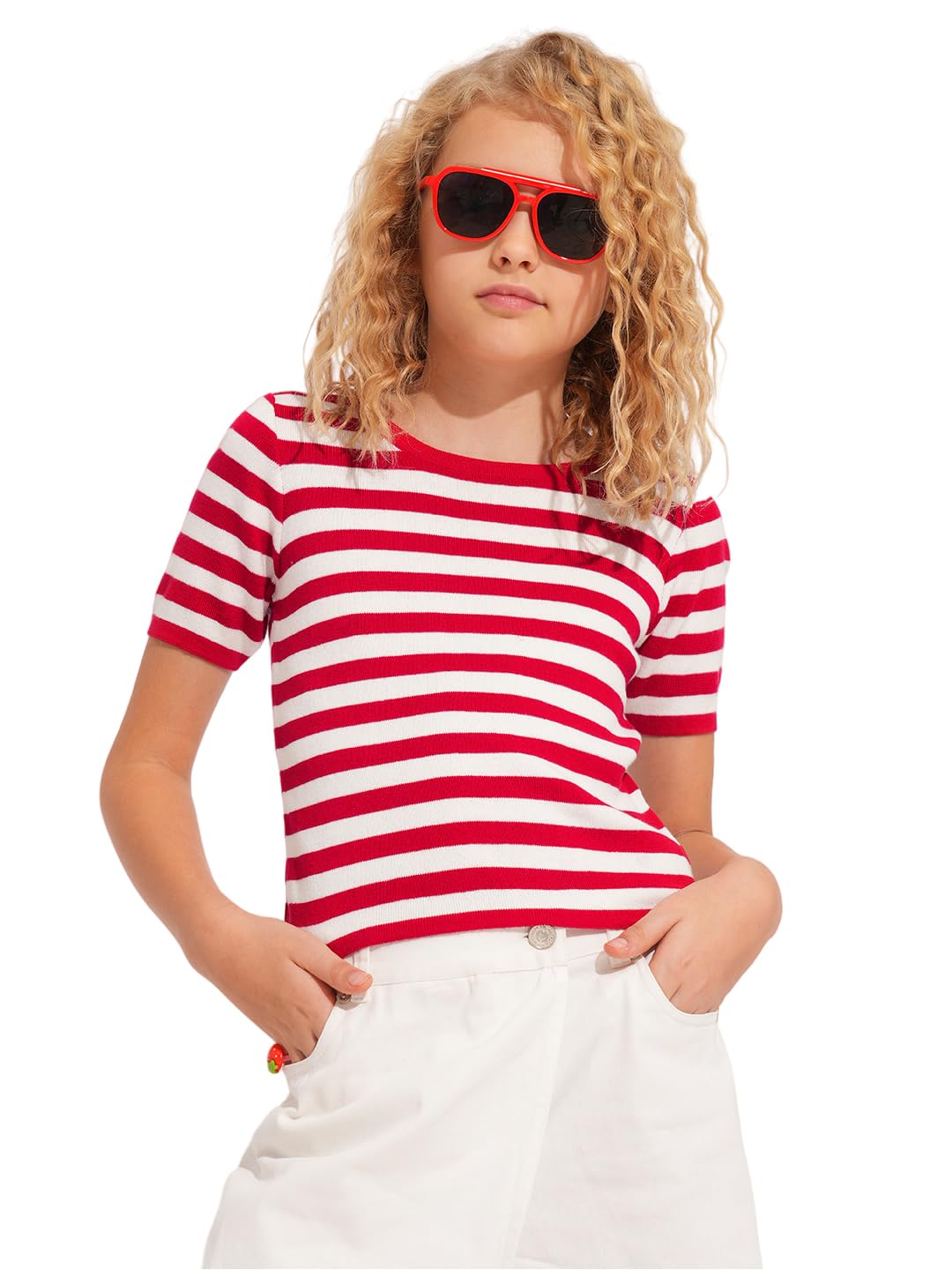 Vero Moda Girls Red Striped Knitted Top