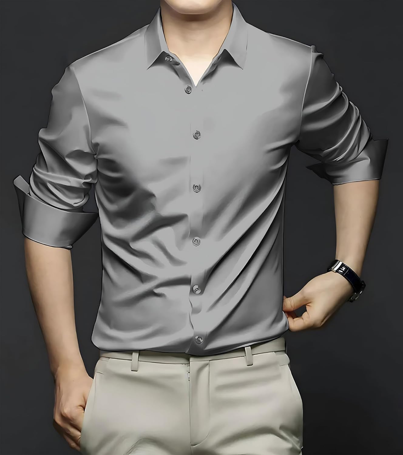 Deelmo MenS Stylish Solid Satin Casual Shirt For Men Full Sleeves| Poly Satin Silk Shirt Silver