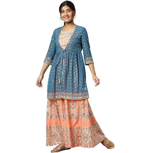 Aurelia Women Peach Crop Top with Blue Flared Gilet and Peach Palazzo