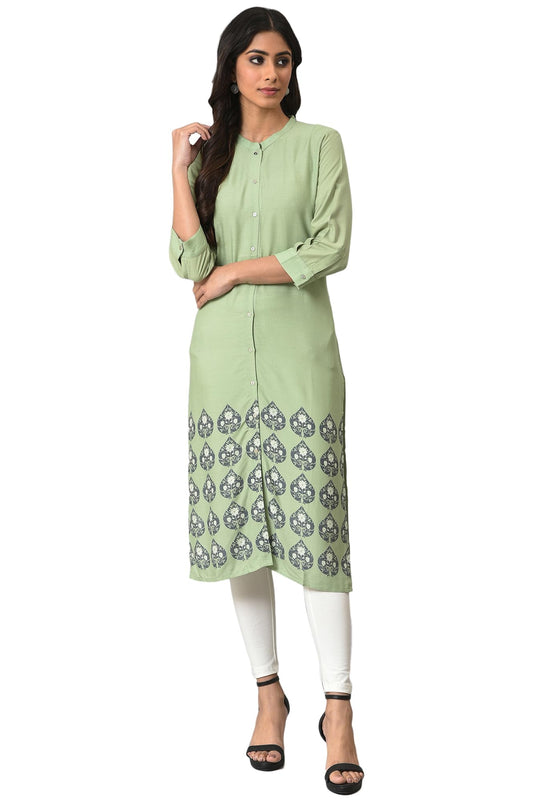 W for Woman Women Viscose Green Printed Mandarin Collar Straight Kurta