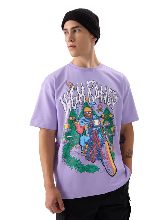 The Souled Store High Ranger Men and Boys Short Sleeve Round Neck Purple Graphic Printed Cotton Oversized T-Shirts