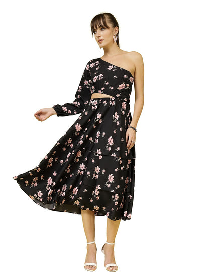 Oomph! WomenS Western & Fusion Wear Printed Crepe Dress For Women, One Shoulder, Black - Md1074