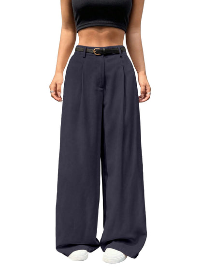 Shasmi Womens Navy Blue Pleated High Waist Wide Leg Pants  Elegant Loose Fit Black Trousers with Pockets, Casual & Office Wear S