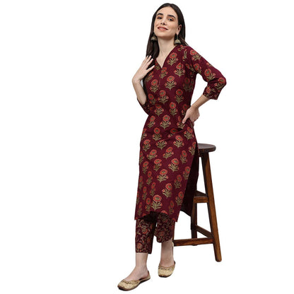 idaLia Maroon Gold Printed Cotton Kurta Set
