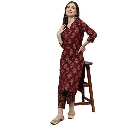 idaLia Maroon Gold Printed Cotton Kurta Set