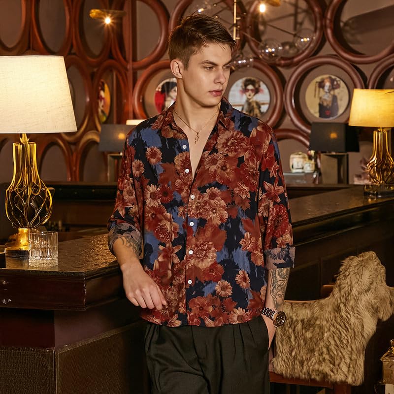 Campus Sutra Mens Chocolate Brown & Midnight Black Floral Overlap Shirt for Casual Wear | Spread Collar | Long Cuffed Sleeves |