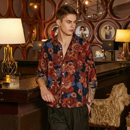 Campus Sutra Mens Chocolate Brown & Midnight Black Floral Overlap Shirt for Casual Wear | Spread Collar | Long Cuffed Sleeves |