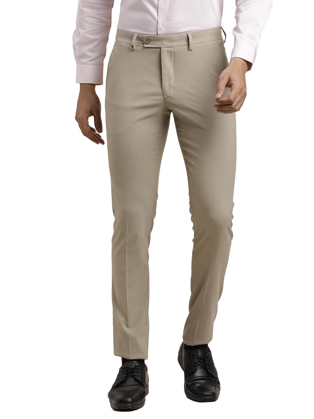 Turtle Men Poly Viscose Stretch Solid Slim Fit Dark Beige Formal Trouser