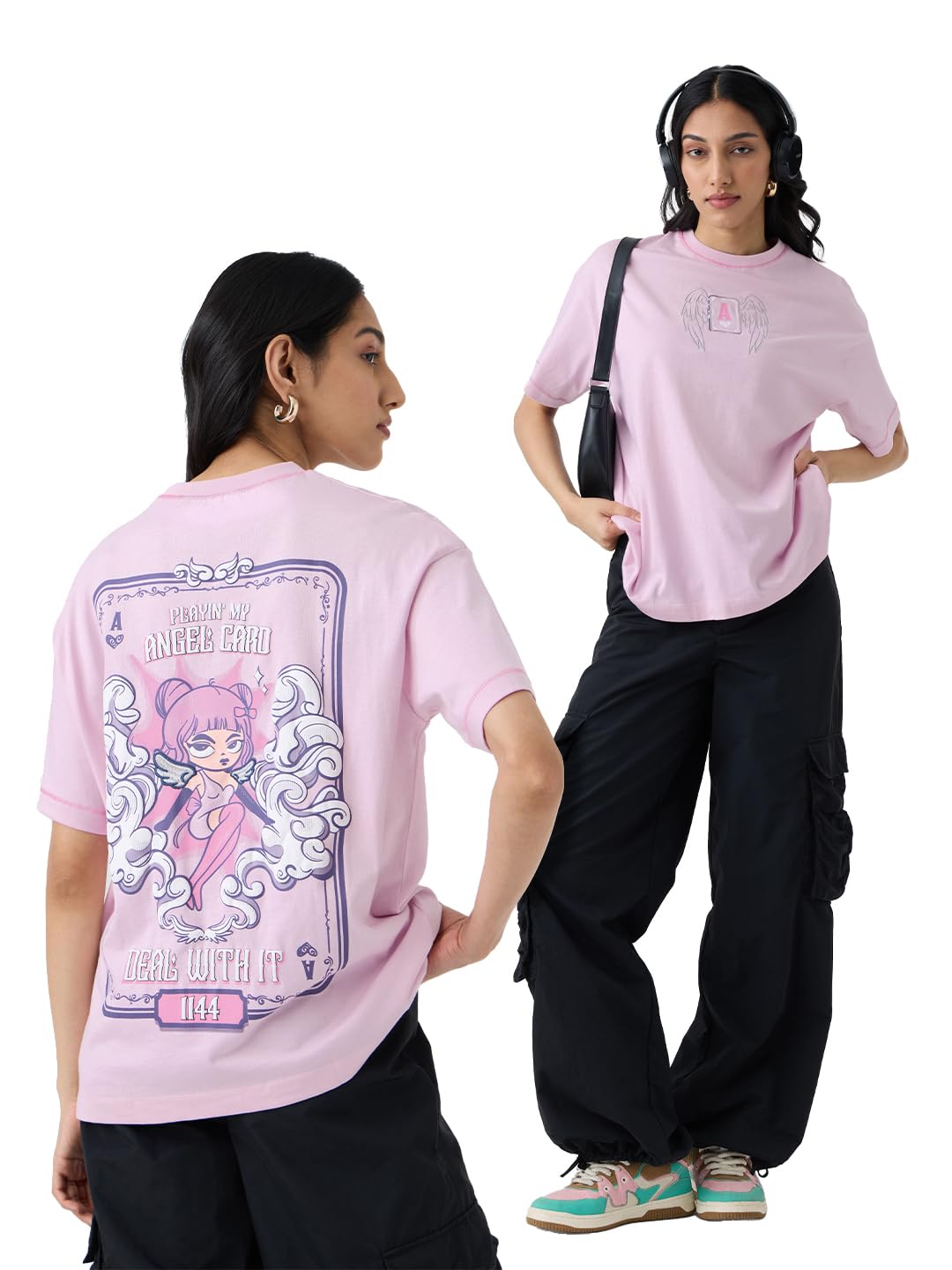 The Souled Store Angel Card Women and Girls Short Sleeves Round Neck Pink Graphic Printed Cotton Oversized T-Shirts