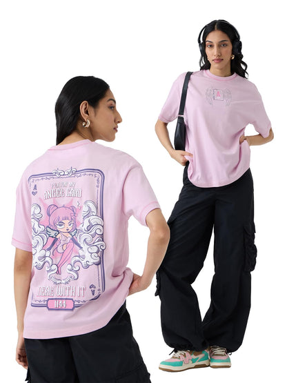 The Souled Store Angel Card Women and Girls Short Sleeves Round Neck Pink Graphic Printed Cotton Oversized T-Shirts