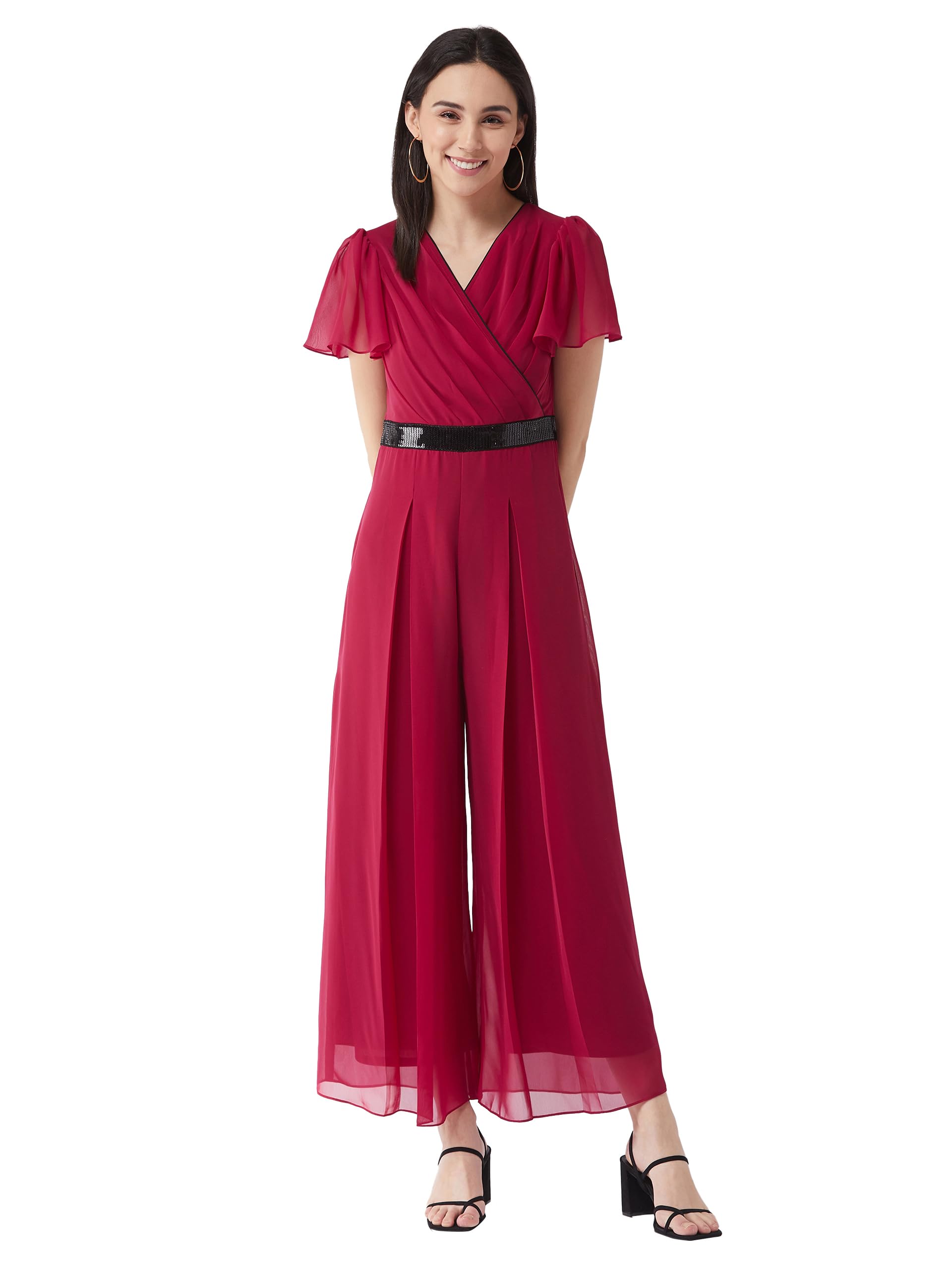 Miss Chase WomenS Pink Solid Relaxed Fit Short Sleeve V-Neck Ankle-Length Straight Jumpsuit (Mcss21F01-14-122-06,Pink,Xl)