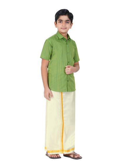 Boys Cotton Half Sleeve Self Design Shirt With Stitched Art Silk Dhoti For Boys (Madriyad-Green)