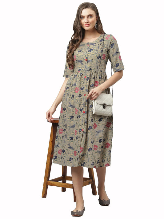 Stylum Women's Floral Printed Rayon Flared Kurta (Beige)