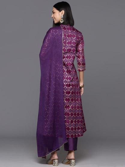 Varanga Women Purple Anarkali Kurta with Mandarin Collar and Three-Quarter Sleeves, Bandhani Print