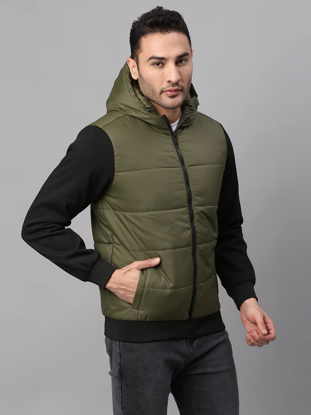 Dennis Lingo Polyester Regular Fit Full Sleeves MenS Color Block Hooded Puffer Jacket With 2 Pockets - Lightweight Casual Winte