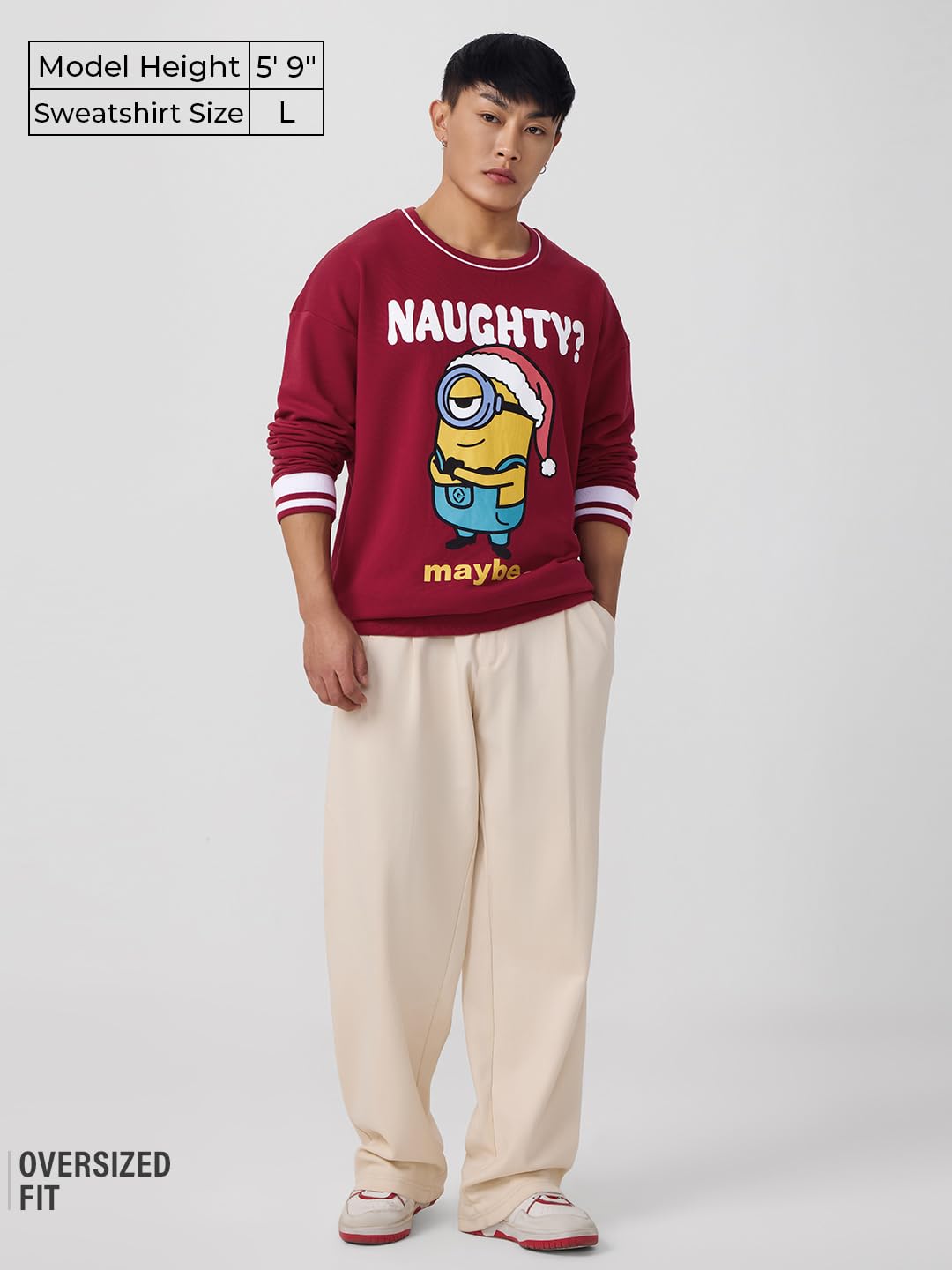 The Souled Store Minions: Naughty Men and Boys Long Sleeves Round Neck Red Graphic Printed Cotton Blend Oversized Sweatshirts