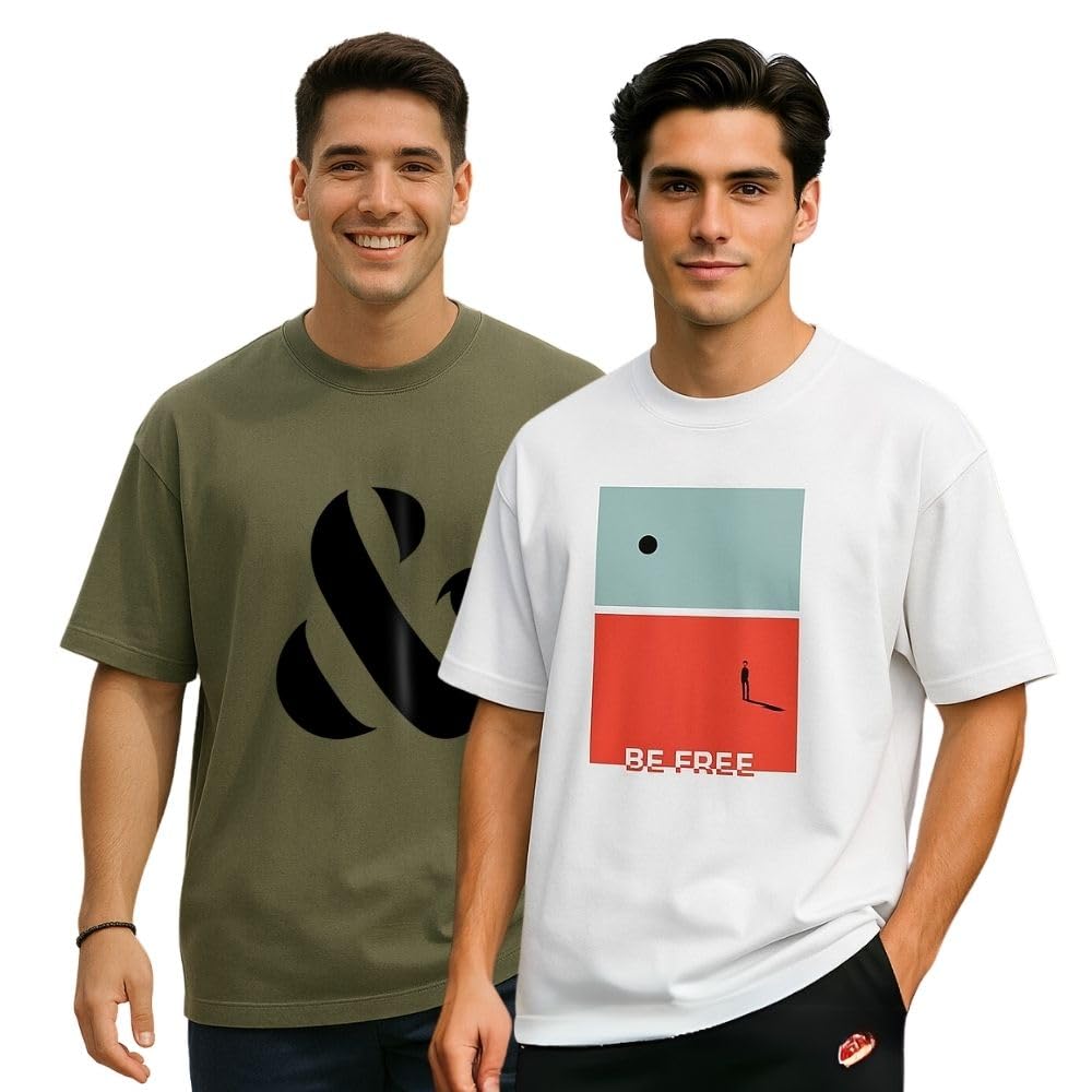 Nobero MenS Graphic Oversized Fit T-Shirt (1M-Twrt-C0869-X_White/Olive