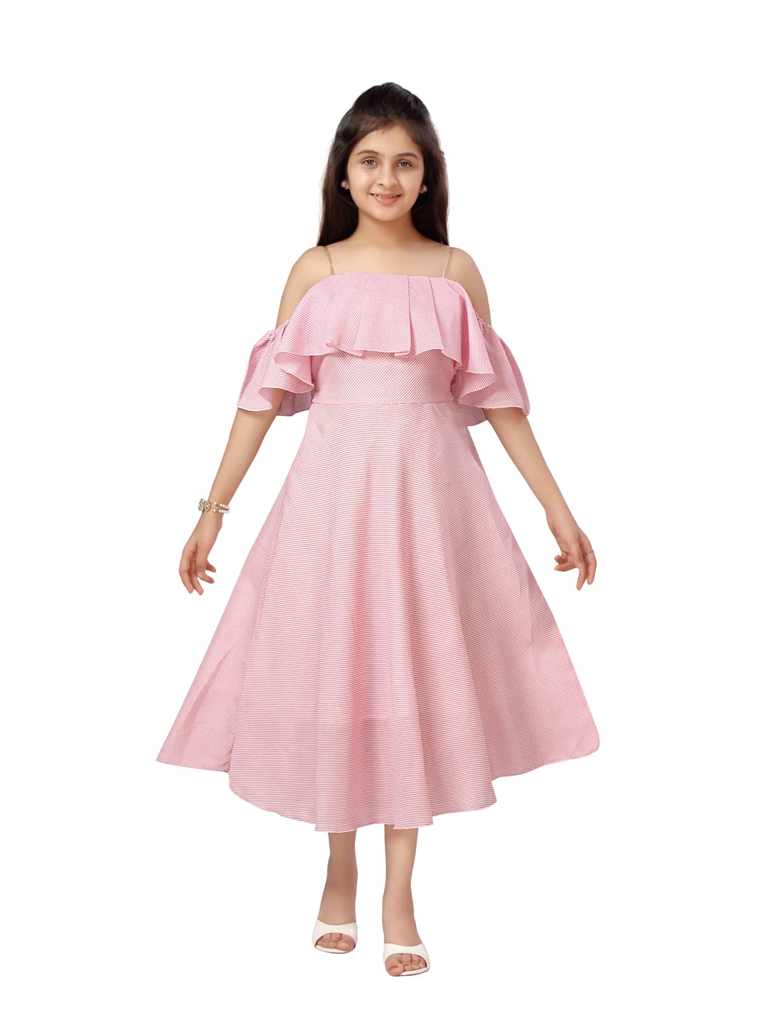 Aarika Girl's Cotton Blend A-Line Calf Length Dress (DR-21987_Pink_9-10 Years)