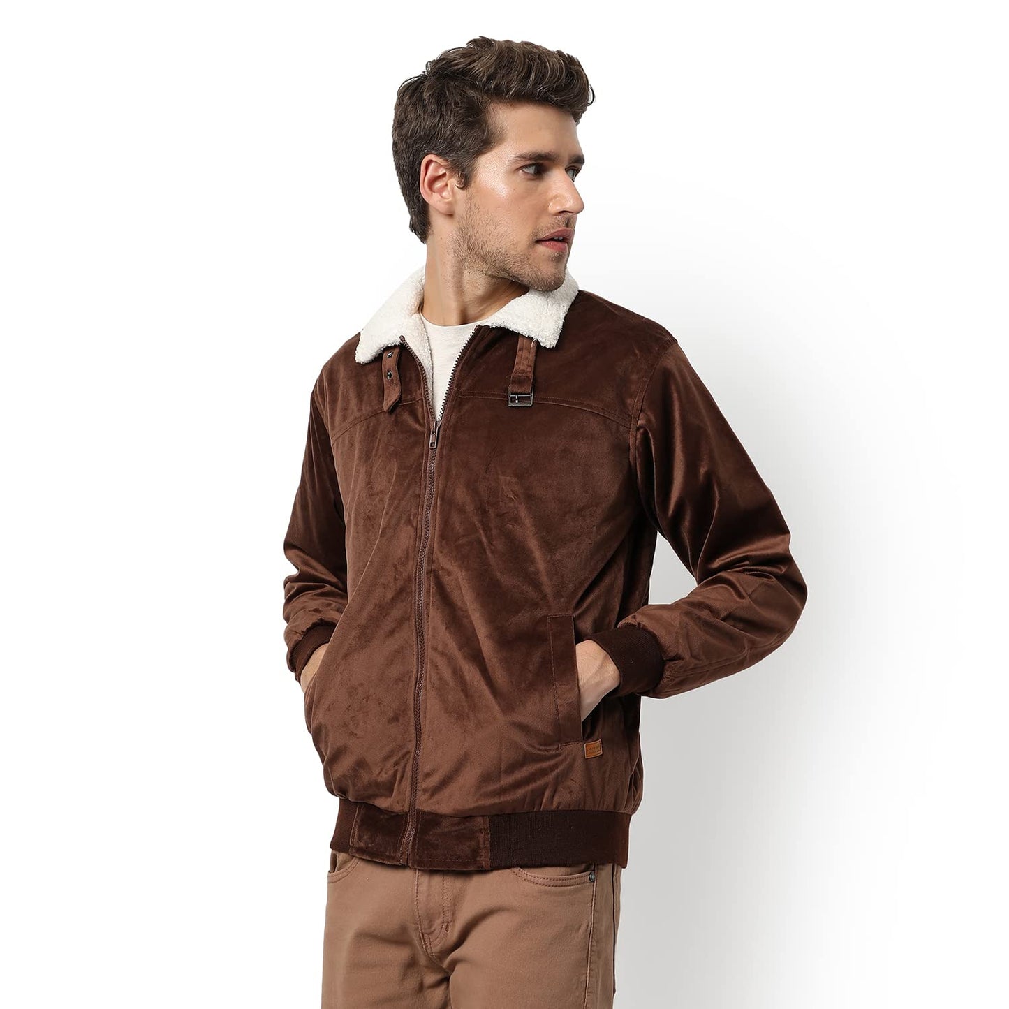 Campus Sutra Mens Solid Brown Fleece Puffer Regular Fit Bomber Jacket For Winter Wear | Standing Collar | Full Sleeve | Zipper