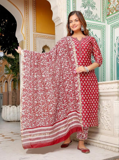 Pinkmint Women Cotton Blend Straight Printed Kurta with Pant & Dupatta Red
