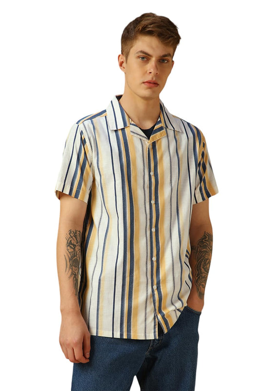 Dennis Lingo Men Relaxed Fit Poplin Half Sleeves Striped Shirts Yellow