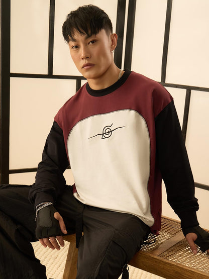 The Souled Store Naruto Shippuden: Konoha Leaf Rogue Men and Boys Round Neck Brown Colour Block Cotton Oversized Full Sleeve T-S