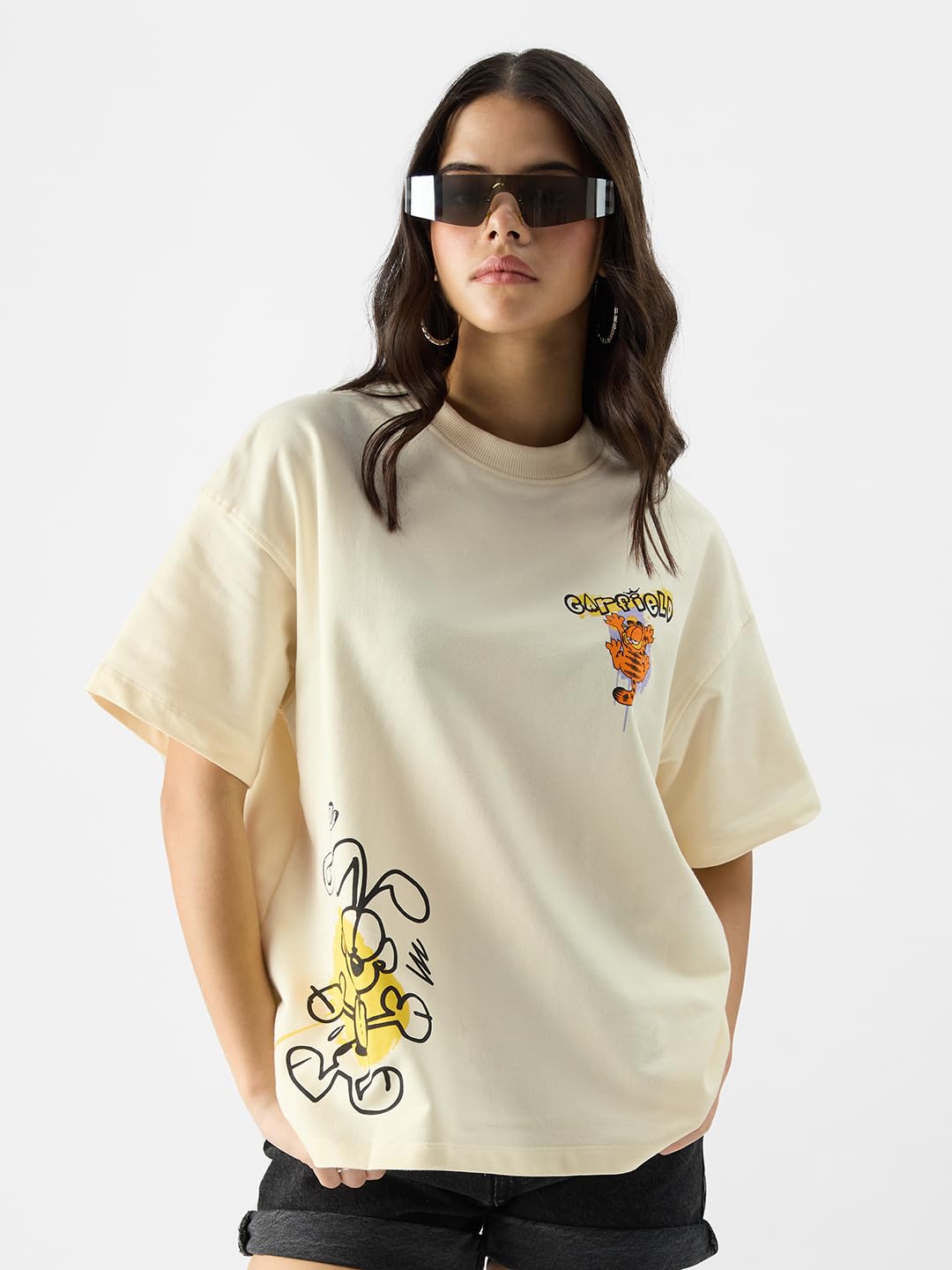 The Souled Store Official Garfield: Attitude Women and Girls Oversize Fit Half Sleeves Graphic Printed Cotton Beige Color T-Shir